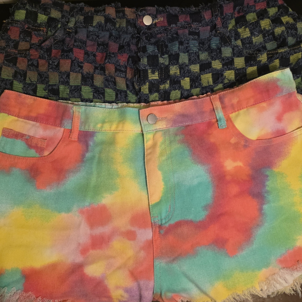 2 Pairs! SHEIN Multicolor Tie-Dye and Checkered Jean Shorts